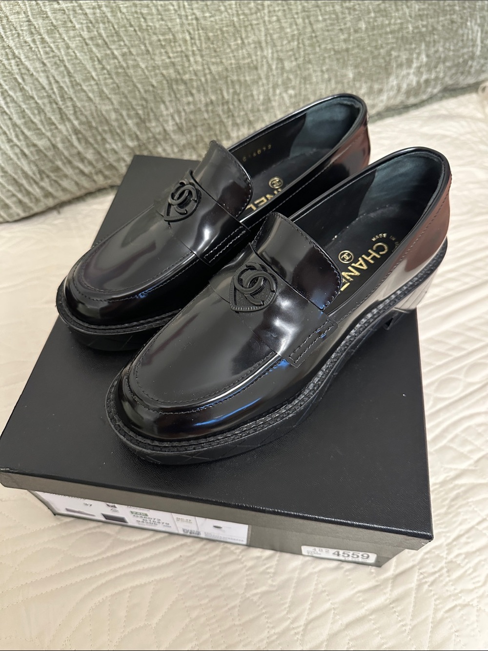 BRAND NEW CHANEL Black Patent Leather Loafers with Brown Heel Accent